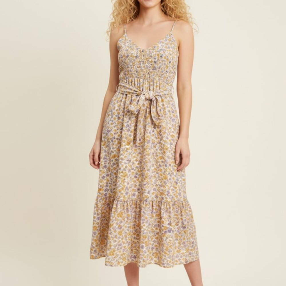 Ultra Flirt floral Long Midi Dress Straps Size Medium Ruching back layed